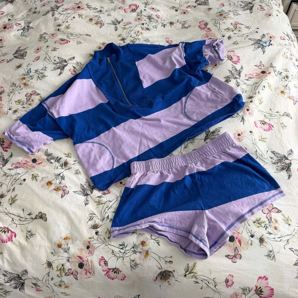 FP Movement Retro Rugby Set Size M Blue Purple Striped Pullover Shorts